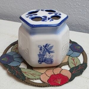 Vintage Genuine Porcelain Blue and White Floral Hexagonal Toothbrush Holder